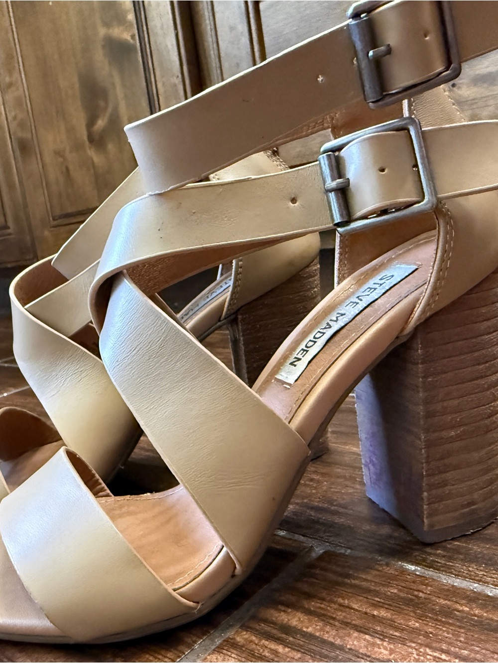 Steve Madden Beige/Tan Cross-Strap Block Heel Sandals